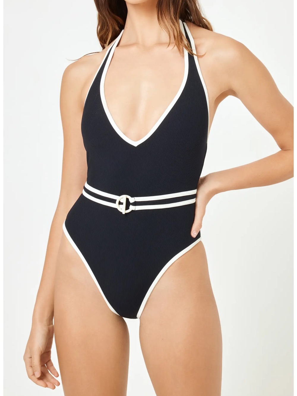 l*space Black One-Piece Halter Swimsuit with White Trim and Striped Belt